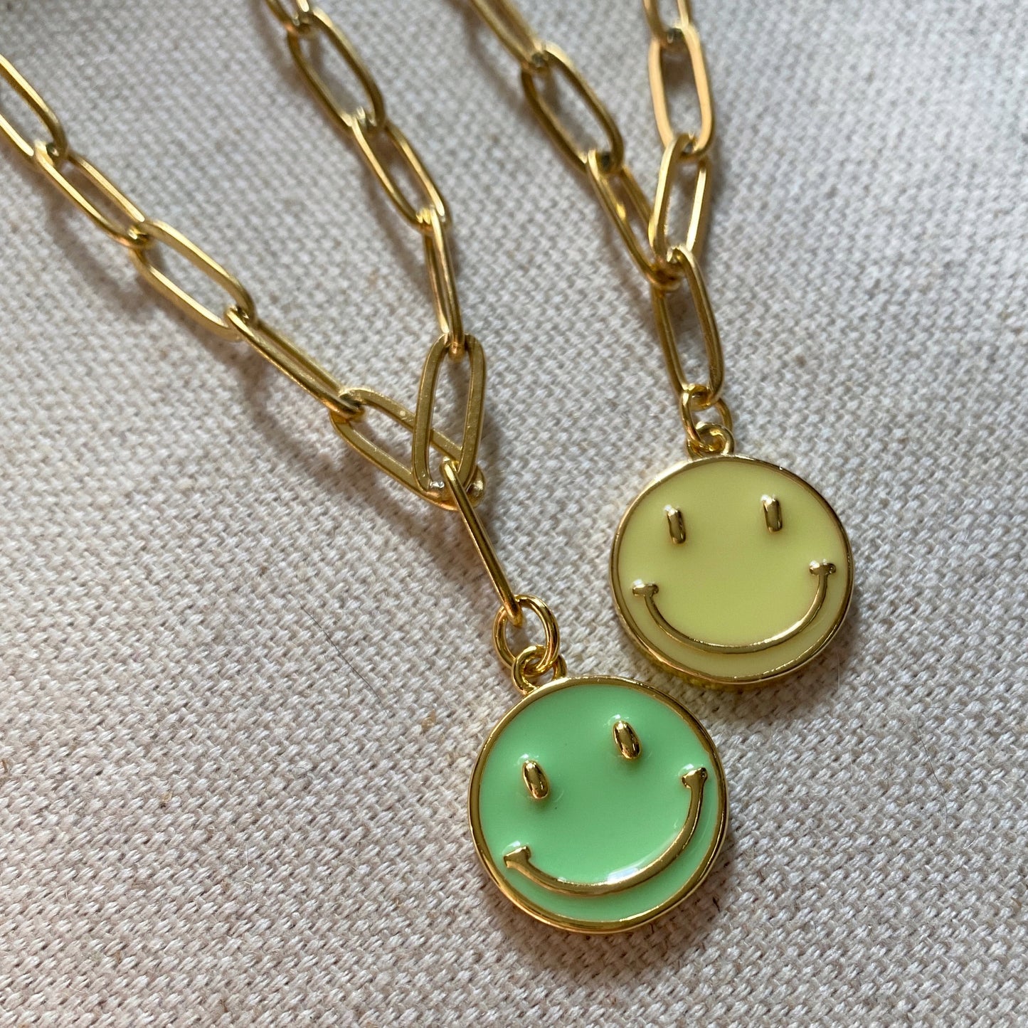 Enamel Happy Face Chunky Gold Necklace Paperclip Chain Colorful Emoji Smile Green Purple Yellow Neon Jewelry