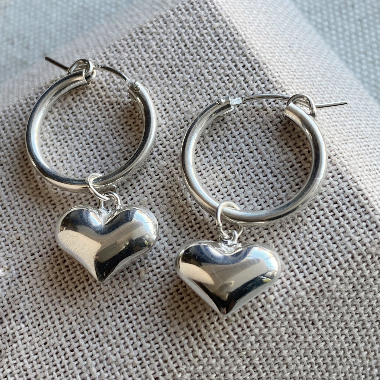 Heart Hoop Earrings Large Sterling Silver Puffy Heart Dangle Huggie Earring