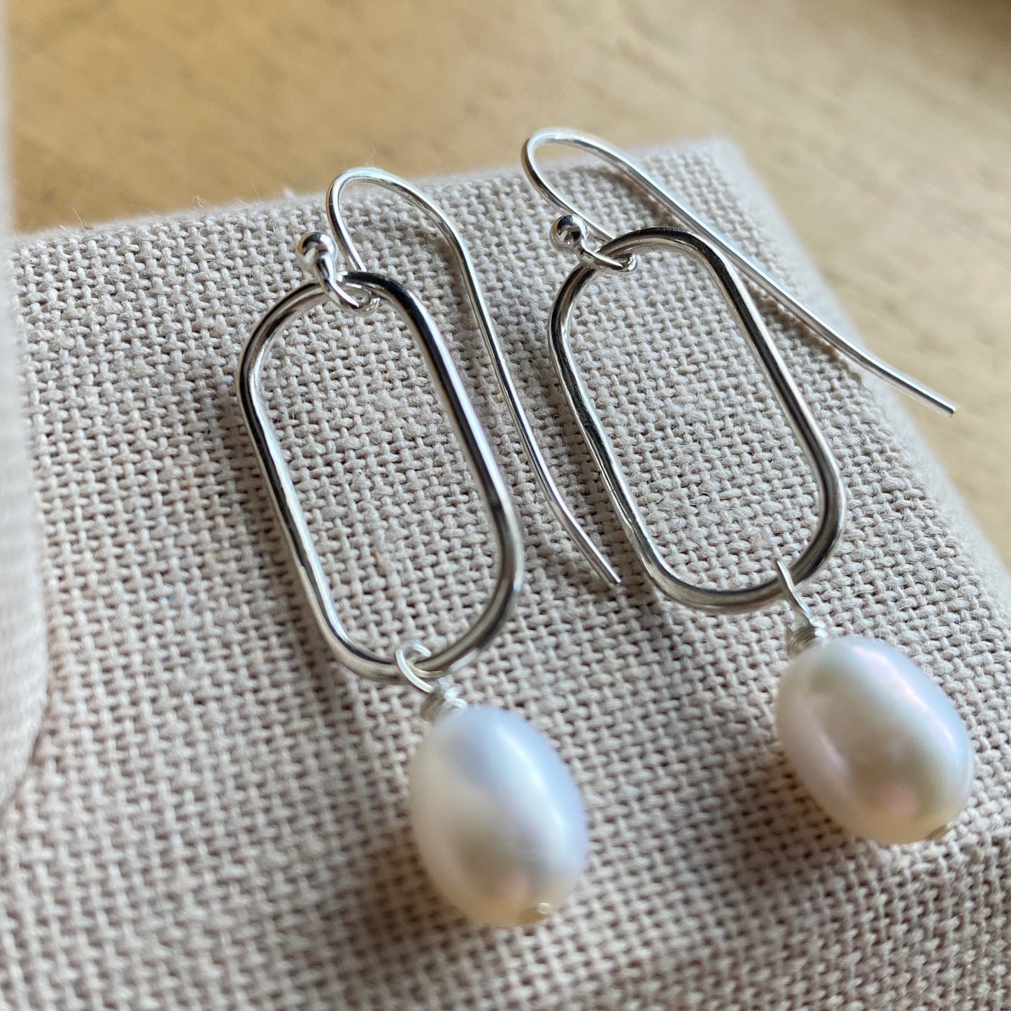 Pearl Earrings Long Oval Sterling Silver Link Freshwater Pearl