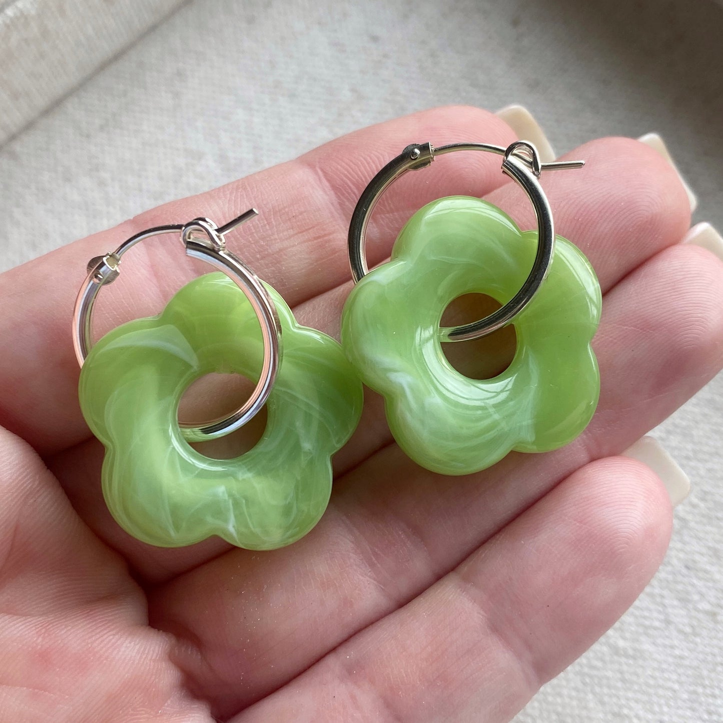 Flower Hoop Earrings Pink Green or Beige Trendy Sterling Silver Earrings