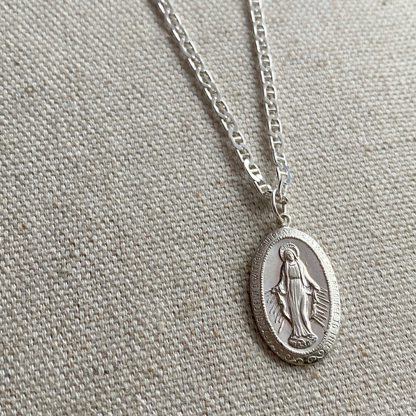 Miraculous Medal Blessed Mother Virgin Mary Silver Oval Necklace