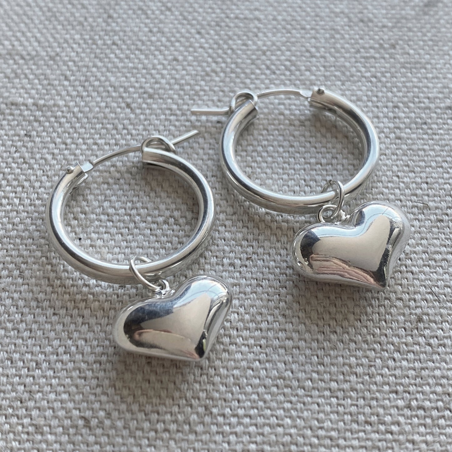 Heart Hoop Earrings Large Sterling Silver Puffy Heart Dangle Huggie Earring