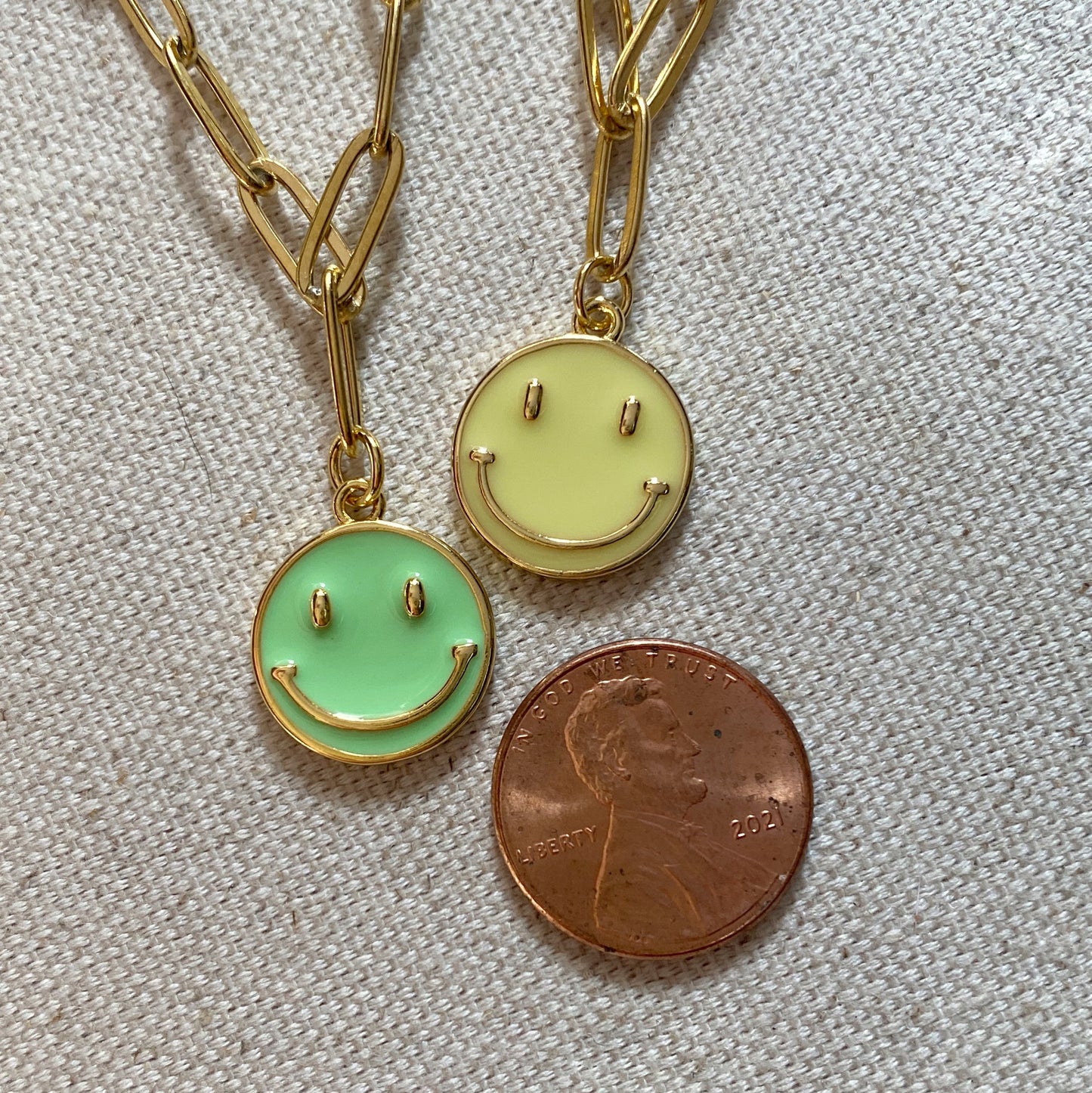 Enamel Happy Face Chunky Gold Necklace Paperclip Chain Colorful Emoji Smile Green Purple Yellow Neon Jewelry