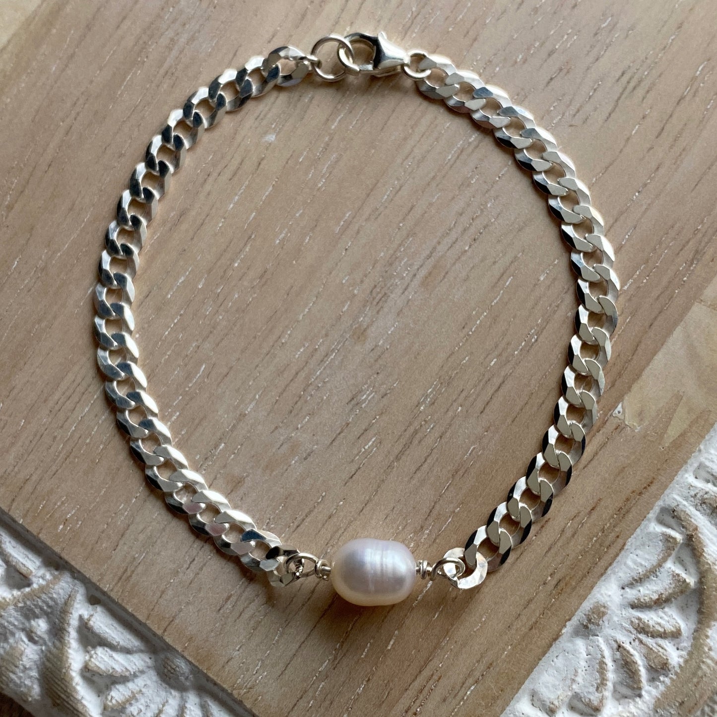 Pearl Curb Link Chain Bracelet Sterling Silver Stacking Layering Jewelry