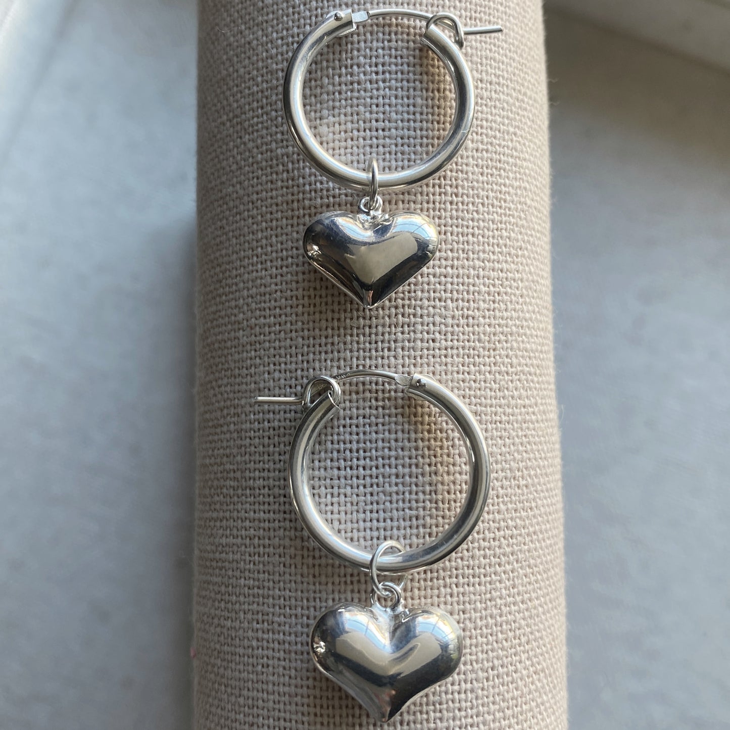 Heart Hoop Earrings Large Sterling Silver Puffy Heart Dangle Huggie Earring