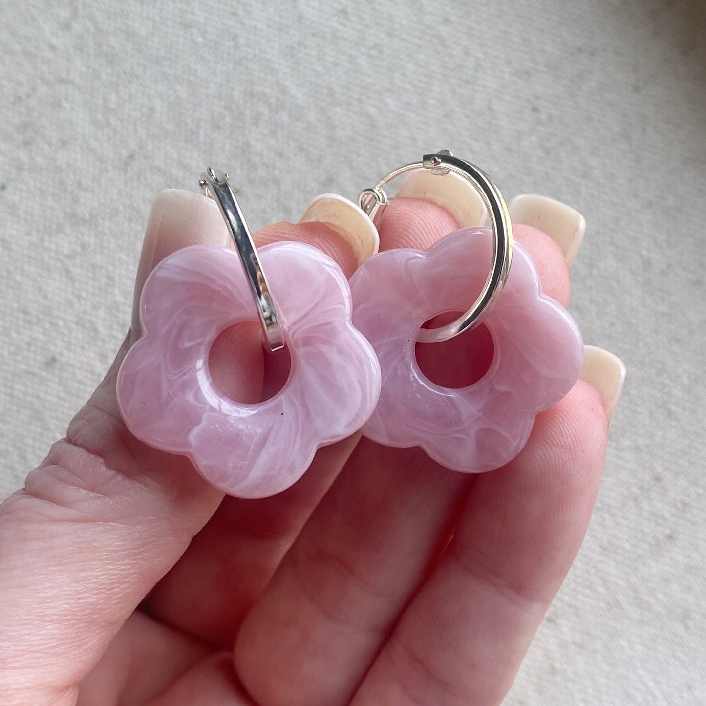 Flower Hoop Earrings Pink Green or Beige Trendy Sterling Silver Earrings