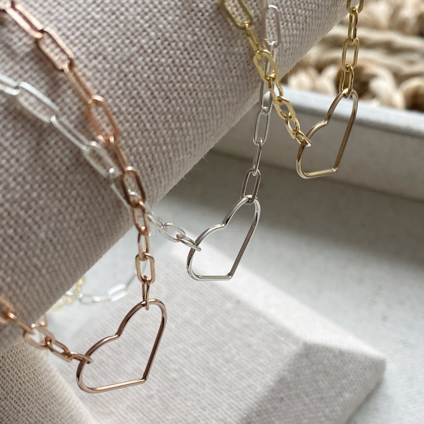 Heart Paperclip Chain Necklace Sterling Silver Gold or Rose Gold Filled Floating Heart Layering Jewelry