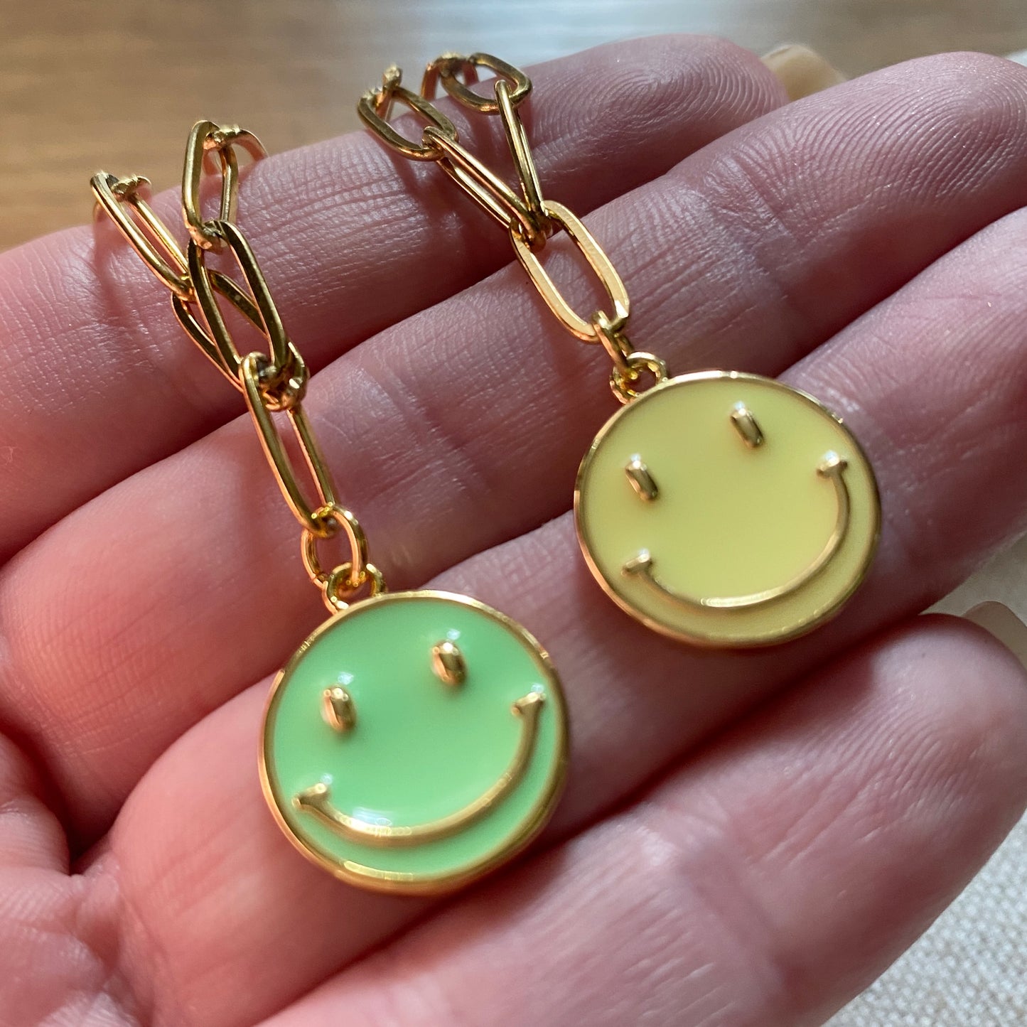 Enamel Happy Face Chunky Gold Necklace Paperclip Chain Colorful Emoji Smile Green Purple Yellow Neon Jewelry